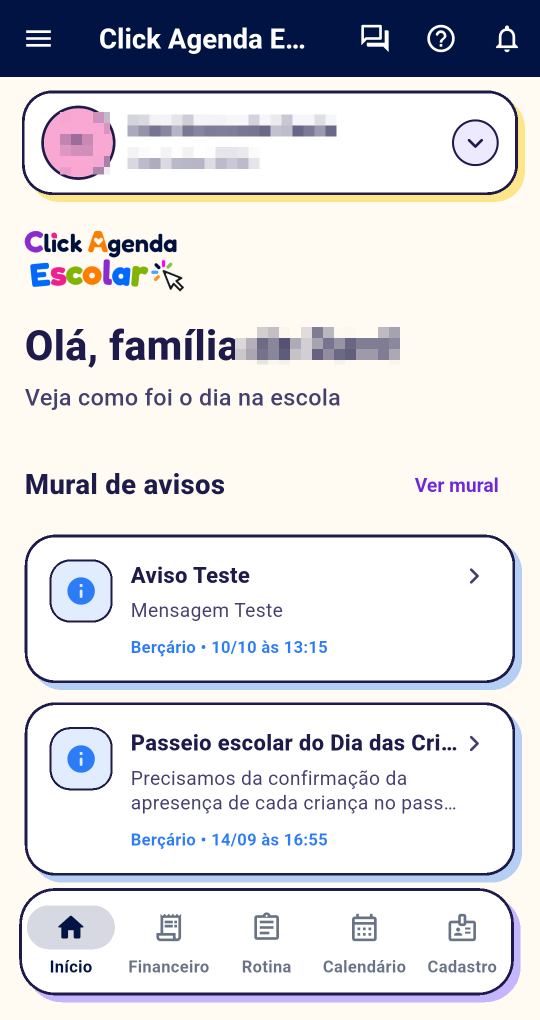 Tela do aplicativo ClickAgendaEscolar: Recados que chegam