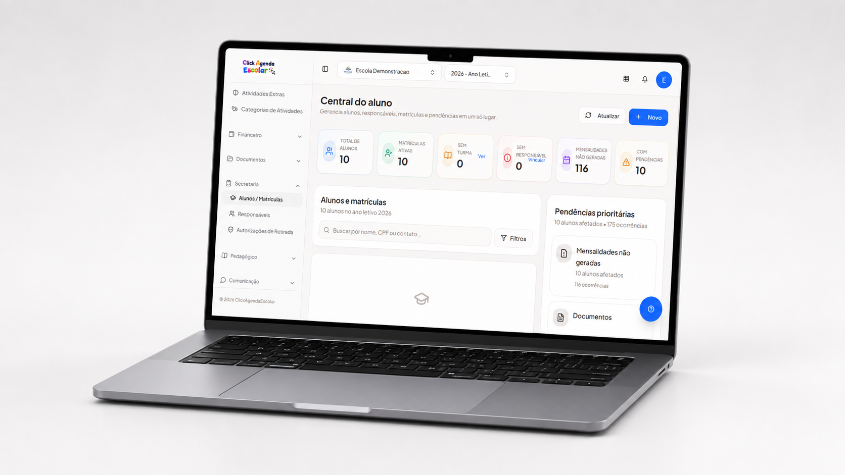 Painel web do ClickAgendaEscolar aberto em um notebook com a central do aluno