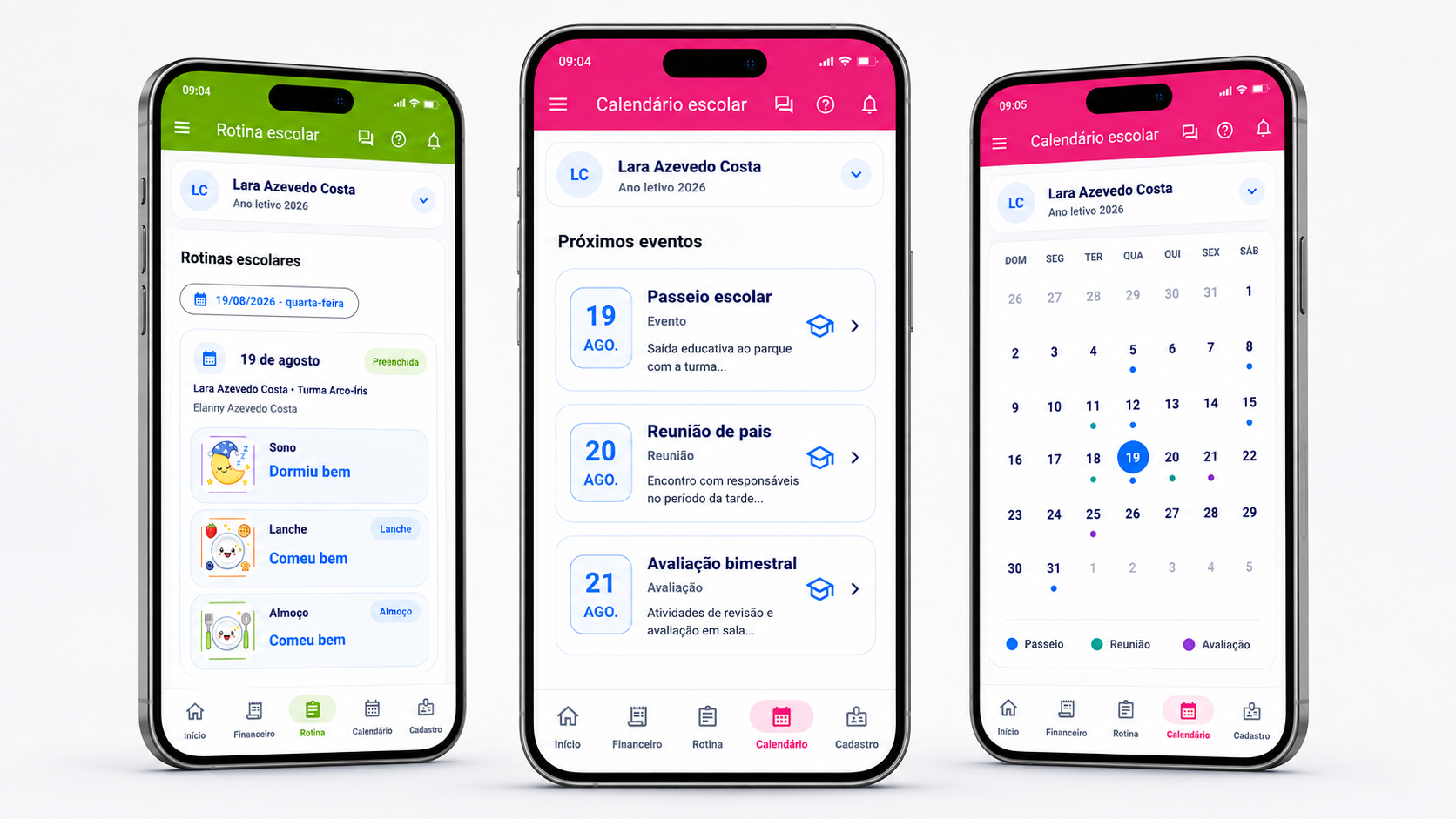 Aplicativo ClickAgendaEscolar mostrando rotina diária, próximos eventos e calendário escolar